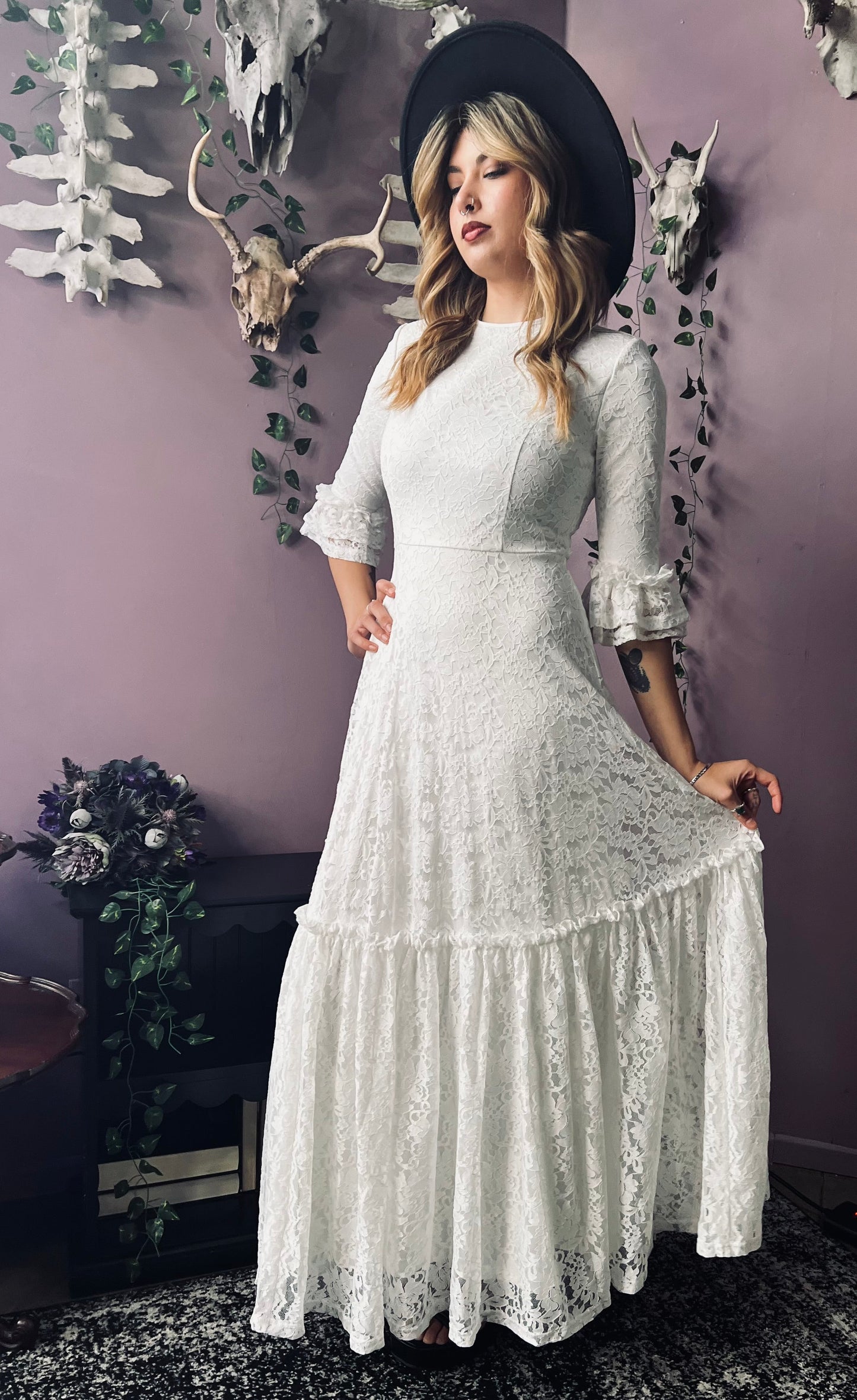 Mina - Ivory Floral Lace Bride of the Vampire Maxi Dress - READY TO SHIP
