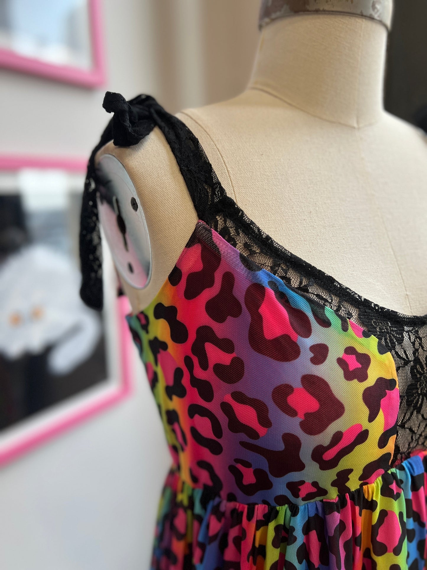Josie Babydoll Dress in Rainbow Leopard Mesh