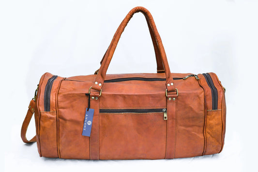 Vintage Leather Duffle Bag for Travel or the Gym,- Brown- Round