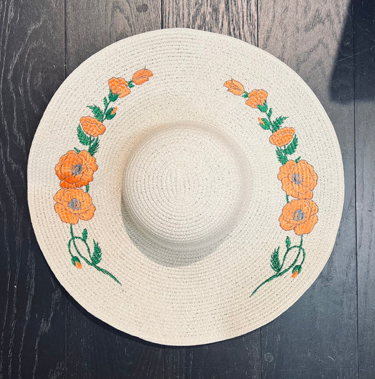 Floppy Sun Hat - XL Brim - Cream Poppies