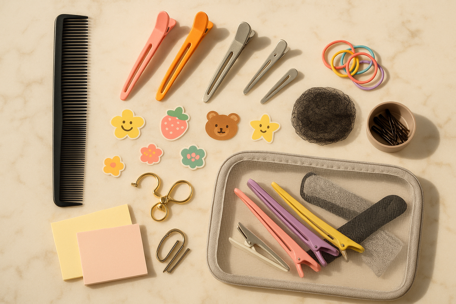 image of items on a nice countertop that include a hairdressing cutting comb, duckbill clips, creasless clips, keychain, stickers, cute postit notes, bobbi pins, a mesh bag with some of the larger items, and the rest arranged on the counter. some other items could include hair nets for styling, little hair elastics, 