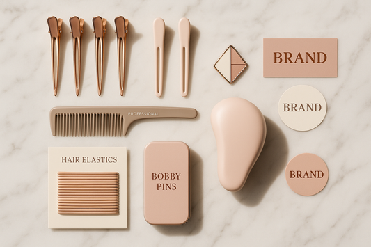 make this product description into a high end picture:
A low-commitment intro to the Fever Dream world. The Soft Launch includes a curated mix of everyday styling staples and small treasures—ideal for travel kits, assistants, or those just getting started.

Each bundle contains:

Duckbill clips (1 set)

Creaseless clips (1 set)

Cutting comb

Small detangling brush

Hair elastics (mini pack)

Bobby pins (mini pack)

Enamel pin

Fever Dream stickers