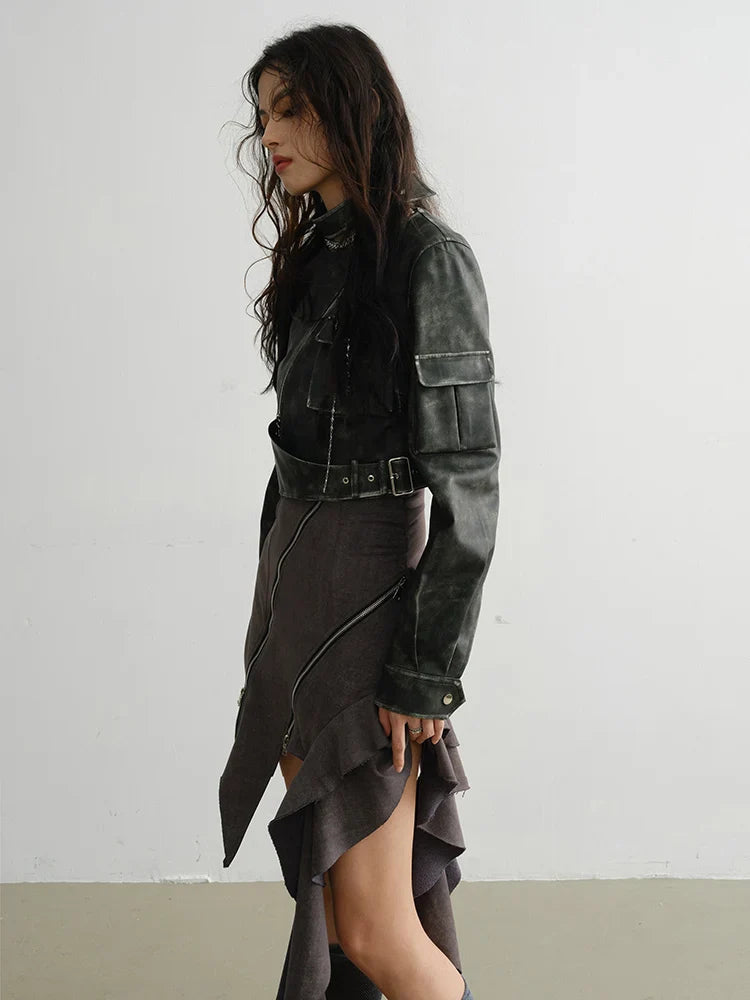 Cateey Vegan Leather Cropped Motorcycle Jacket