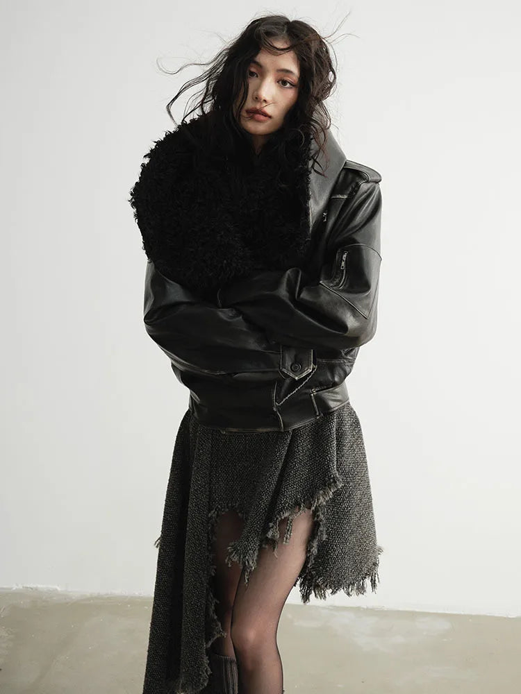 Nunce Vegan Wool Collar Motorcycle Jacket
