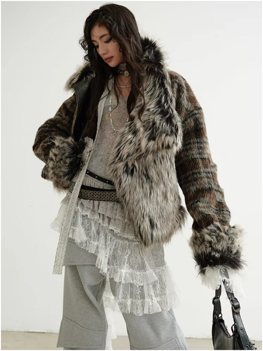 Sablet Reversible Plaid Faux Fur Jacket